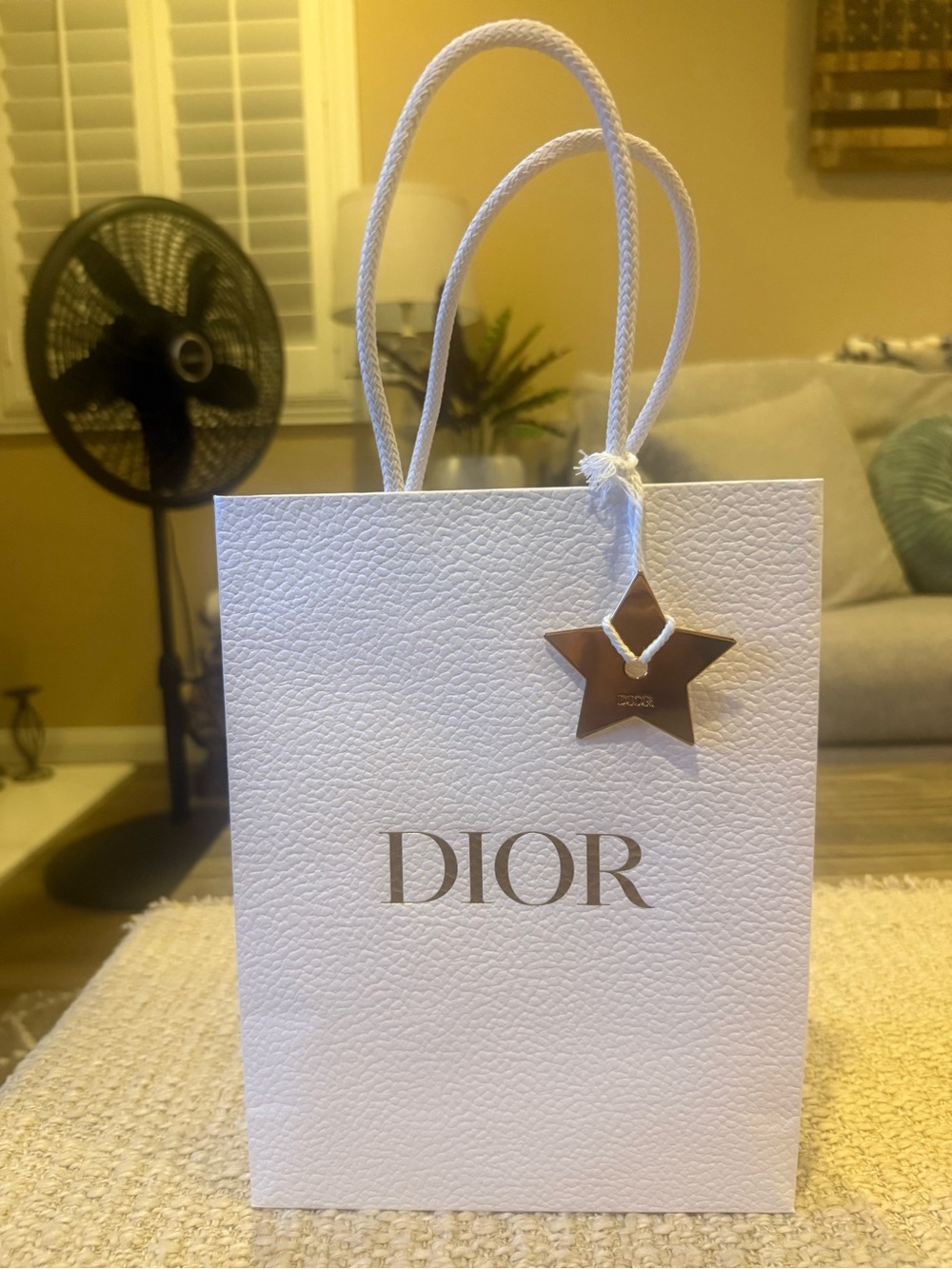 🛍 Dior White Luxury Shopping Bag with Gold Star Charm – Approx. 8” x 10” x 3”.